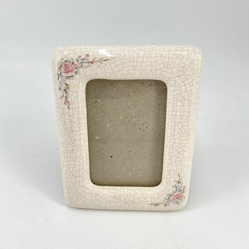 Burnes of Boston Ceramic Picture Frame Pink Rose Floral Crackle Cream 3.5x5